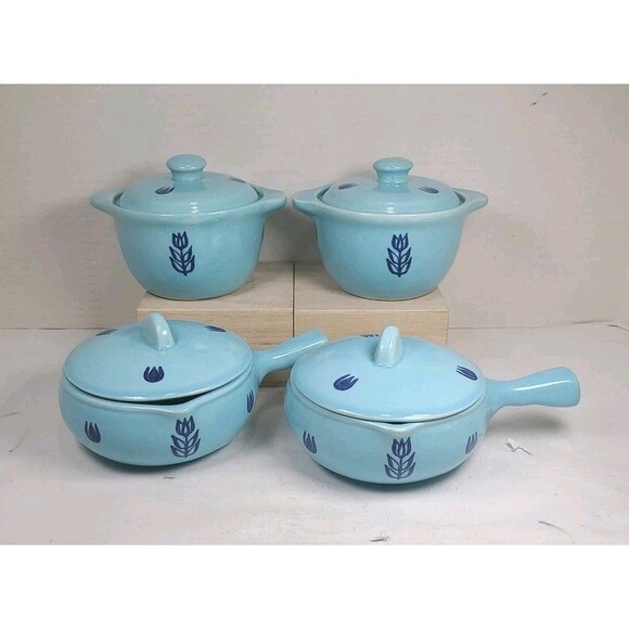 Vintage (4) Cronin BLUE TULIP Small Soup Sauce Pots WITH Lids & Handles - Picture 1 of 11